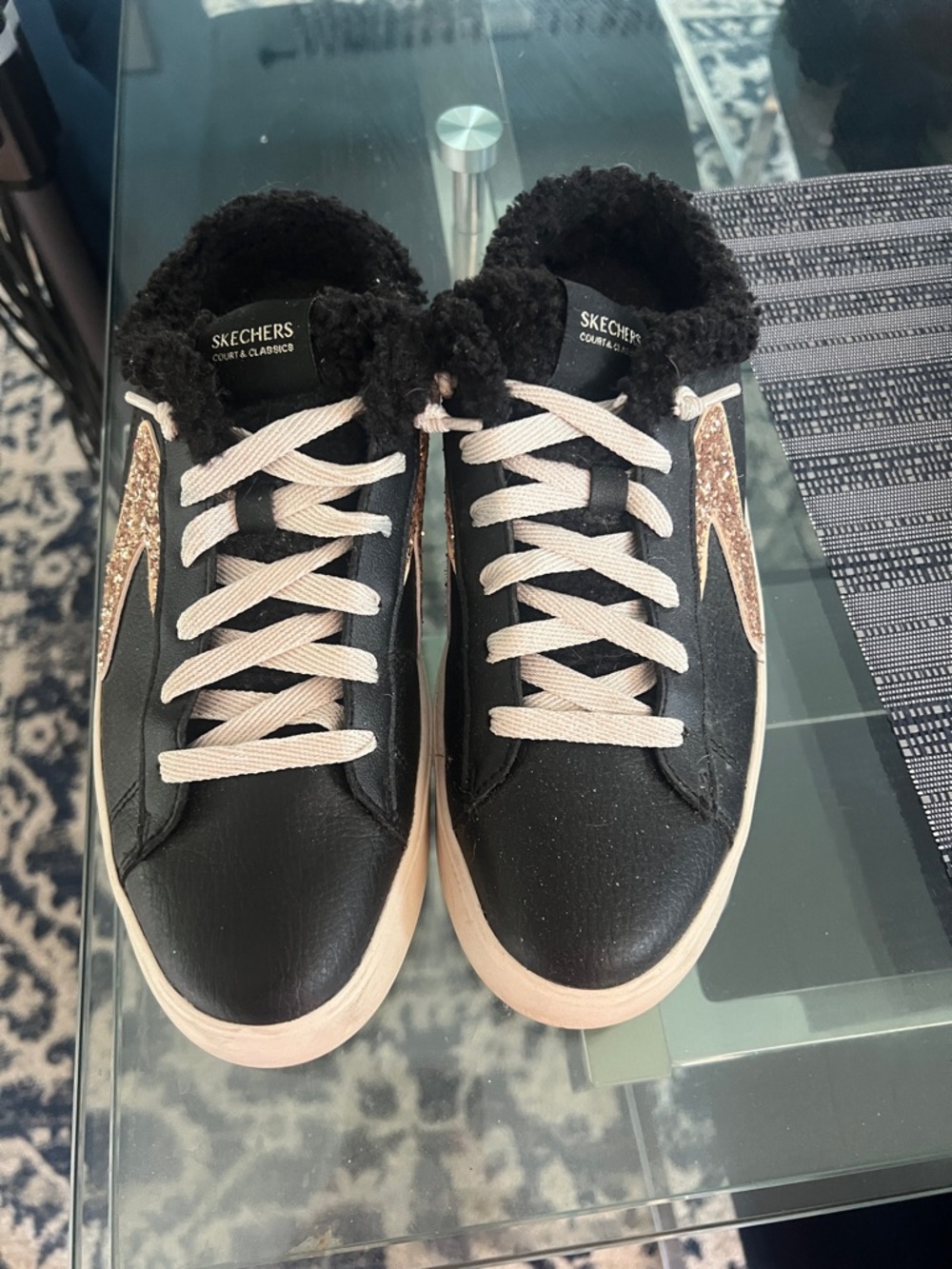 Skechers Black Sneakers with Gold Glitter Star Accents